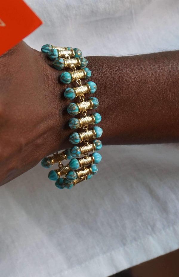 LuvMyJewelry Twisted Rays Turquoise Bracelet In 14K Yellow Gold Plated Sterling Silver