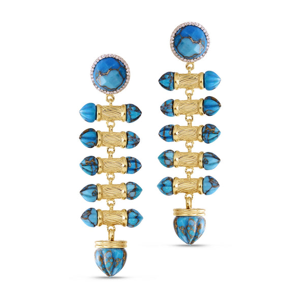 LuvMyJewelry Twisted Rays Turquoise & Diamond Dangle Earrings In 14K Yellow Gold Plated Sterling Silver