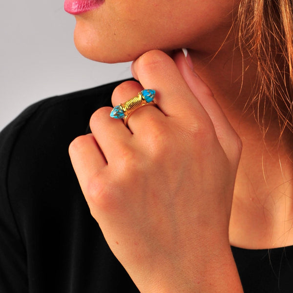 LuvMyJewelry Twisted Rays Turquoise Ring In 14K Yellow Gold Plated Sterling Silver