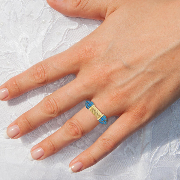 LuvMyJewelry Twisted Rays Turquoise Ring In 14K Yellow Gold Plated Sterling Silver