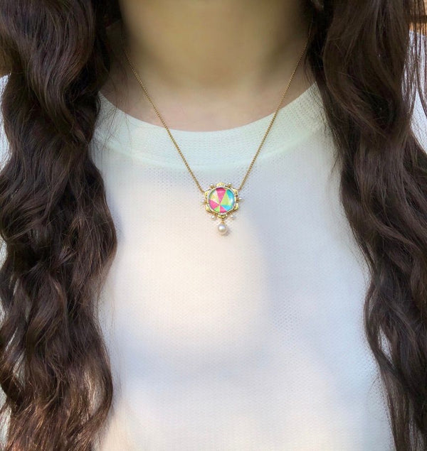 LuvMyJewelry Unicorn Popcorn Pearl & Diamond Mosaic Necklace In 14K Yellow Gold Plated Sterling Silver