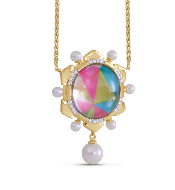 LuvMyJewelry Unicorn Popcorn Pearl & Diamond Mosaic Necklace In 14K Yellow Gold Plated Sterling Silver