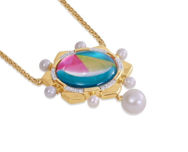 LuvMyJewelry Unicorn Popcorn Pearl & Diamond Mosaic Necklace In 14K Yellow Gold Plated Sterling Silver