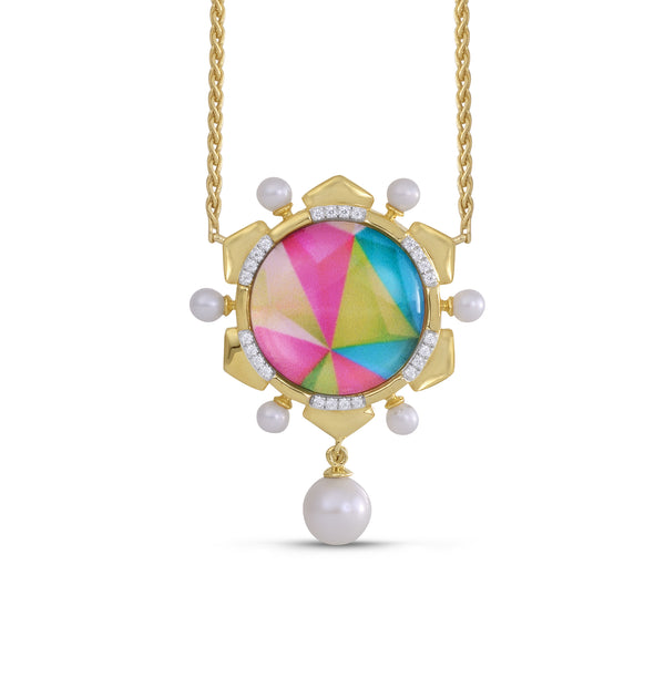 LuvMyJewelry Unicorn Popcorn Pearl & Diamond Mosaic Necklace in 14K Yellow Gold Plated Sterling Silver