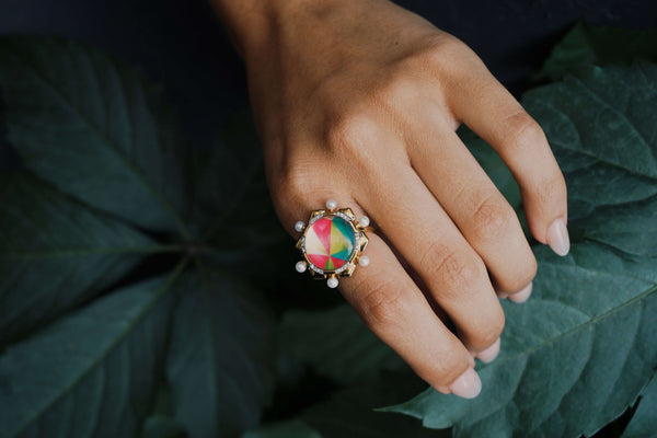 LuvMyJewelry Unicorn Popcorn Pearl & Diamond Mosaic Ring In 14K Yellow Gold Plated Sterling Silver