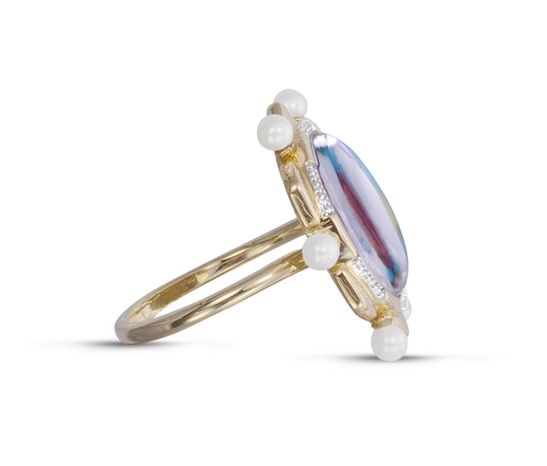 LuvMyJewelry Unicorn Popcorn Pearl & Diamond Mosaic Ring In 14K Yellow Gold Plated Sterling Silver