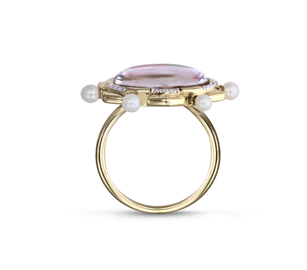 LuvMyJewelry Unicorn Popcorn Pearl & Diamond Mosaic Ring In 14K Yellow Gold Plated Sterling Silver