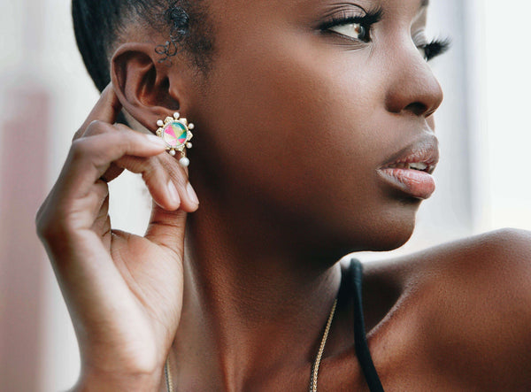 LuvMyJewelry Unicorn Popcorn Pearl & Diamond Mosaic Tops In 14K Yellow Gold Plated Sterling Silver