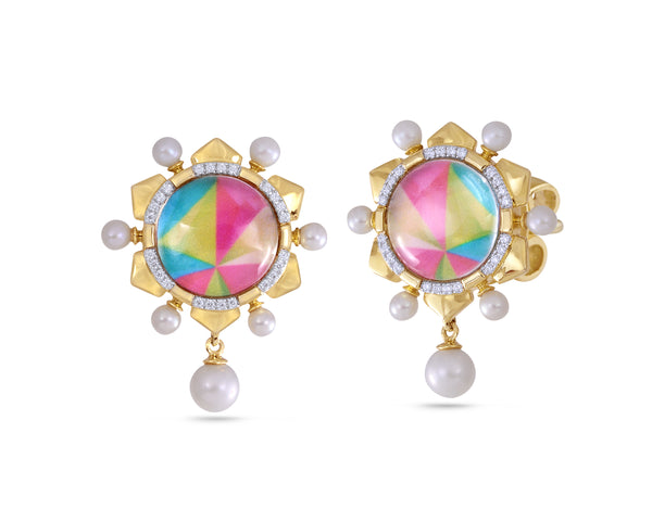 LuvMyJewelry Unicorn Popcorn Pearl & Diamond Mosaic Tops In 14K Yellow Gold Plated Sterling Silver