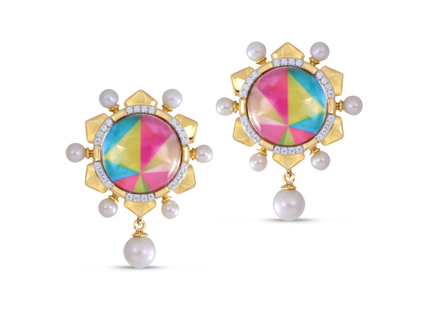 LuvMyJewelry Unicorn Popcorn Pearl & Diamond Mosaic Tops in 14K Yellow Gold Plated Sterling Silver