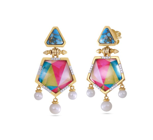 LuvMyJewelry Unicorn Popcorn Turquoise & Diamond Earrings With Pearls In 14K Yellow Gold Plated Sterling Silver