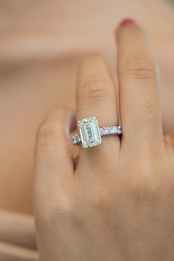 LuvMyJewelry Vienna 14K White Gold Emerald Cut Lab Grown Diamond Hidden Halo Engagement Ring - 7.5 Cts