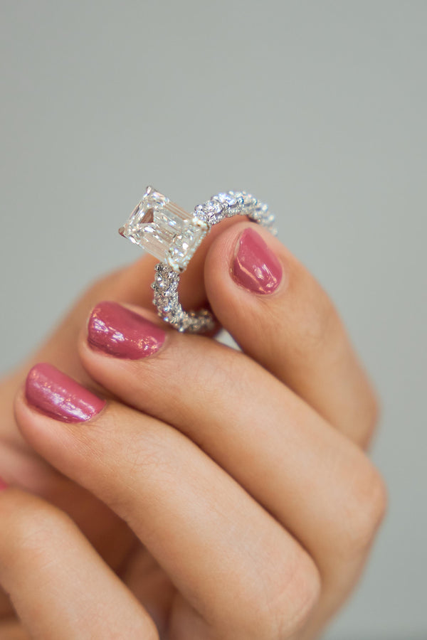 LuvMyJewelry Vienna 14K White Gold Emerald Cut Lab Grown Diamond Hidden Halo Engagement Ring - 7.5 Cts