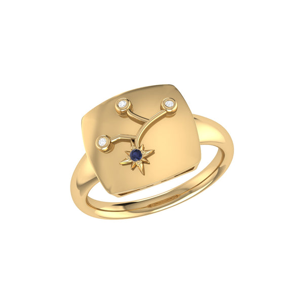 LuvMyJewelry Virgo Maiden Blue Sapphire & Diamond Constellation Signet Ring in 14K Yellow Gold