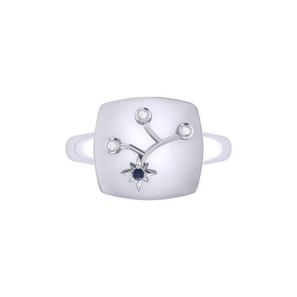 LuvMyJewelry Virgo Maiden Blue Sapphire & Diamond Constellation Signet Ring In 14K White Gold