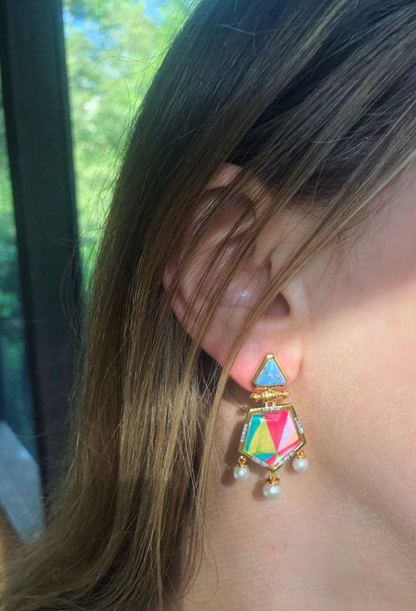 LuvMyJewelry Wild & Free Diamond Mosaic Turquoise Earrings With Pearls In 14K Yellow Gold Plated Sterling Silver