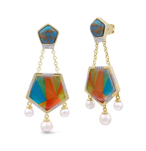 LuvMyJewelry Wild & Free Diamond Mosaic Turquoise Earrings With Pearls In 14K Yellow Gold Plated Sterling Silver