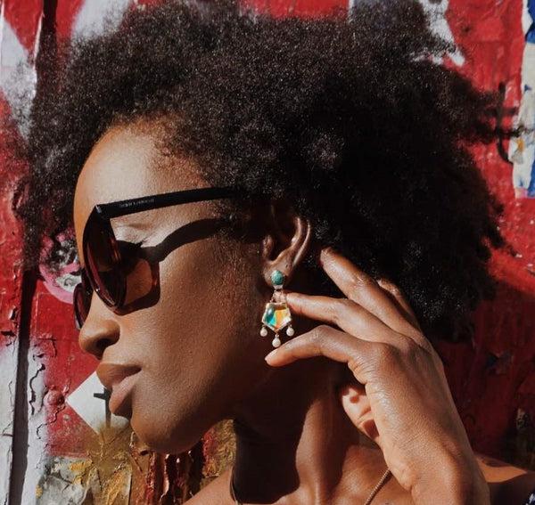 LuvMyJewelry Wild & Free Diamond Mosaic Turquoise Earrings With Pearls In 14K Yellow Gold Plated Sterling Silver