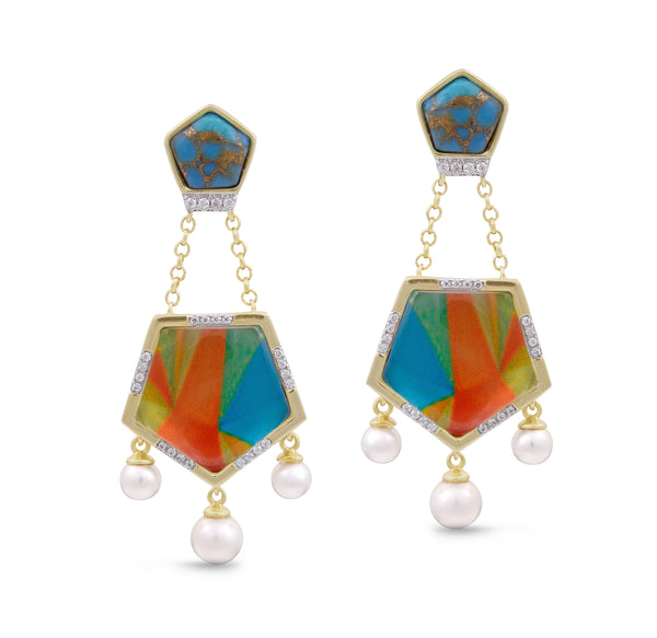 LuvMyJewelry Wild & Free Diamond Mosaic Turquoise Earrings with Pearls in 14K Yellow Gold Plated Sterling Silver