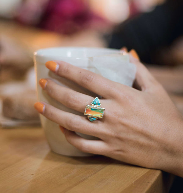 LuvMyJewelry Wild & Free Diamond Mosaic Turquoise Ring In 14K Yellow Gold Plated Sterling Silver