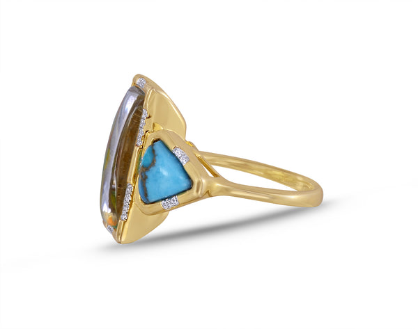 LuvMyJewelry Wild & Free Diamond Mosaic Turquoise Ring In 14K Yellow Gold Plated Sterling Silver
