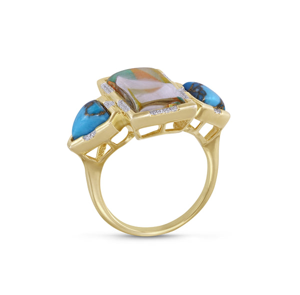 LuvMyJewelry Wild & Free Diamond Mosaic Turquoise Ring In 14K Yellow Gold Plated Sterling Silver