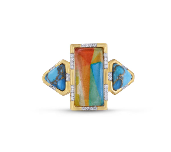 LuvMyJewelry Wild & Free Diamond Mosaic Turquoise Ring in 14K Yellow Gold Plated Sterling Silver