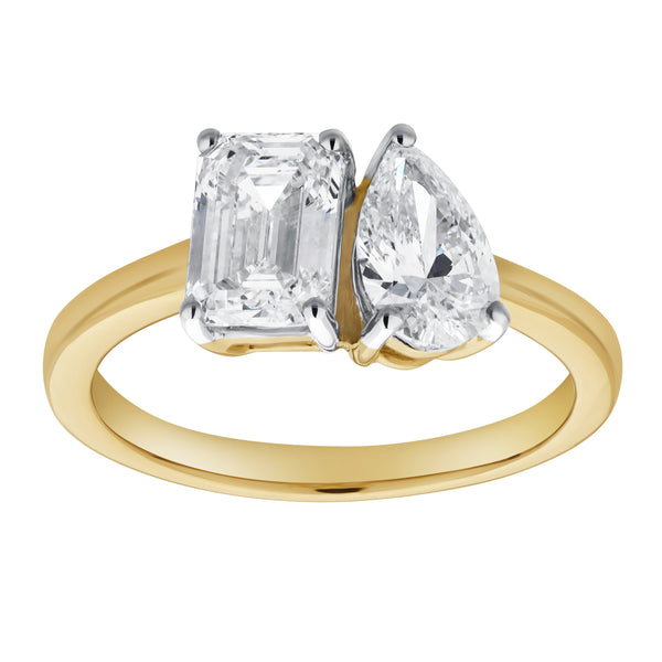 LuvMyJewelry Willow 14K Yellow Gold Toi et Moi Emerald and Pear Lab Grown Diamond Ring - 2 ct