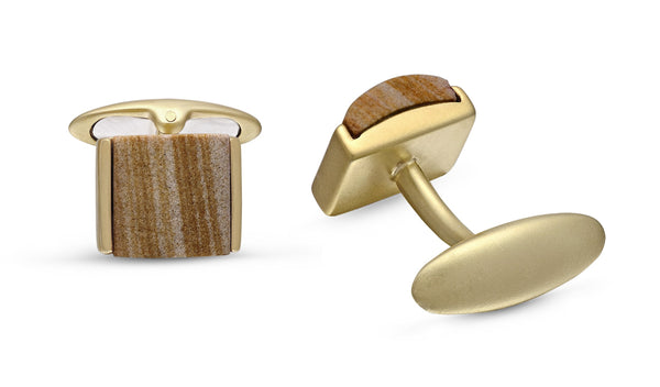 LuvMyJewelry Wood Jasper Stone Cufflinks In 14K Yellow Gold Plated Sterling Silver