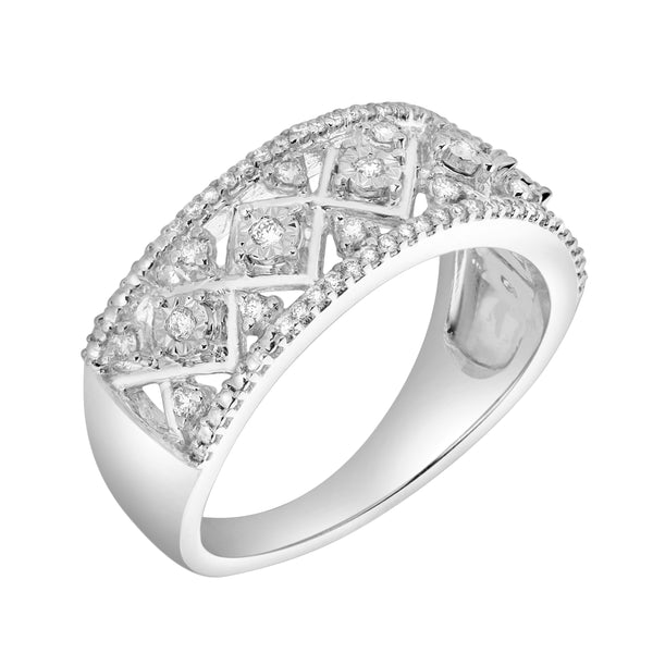 LuvMyJewelry Xeno 14K White Gold Round Diamond Studded Textured Band Ring - 0.24cts