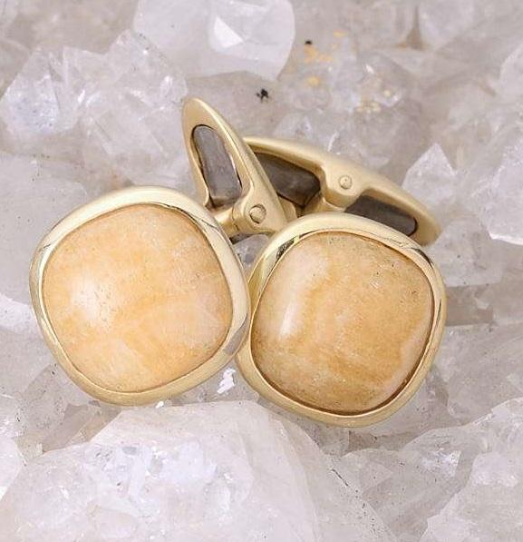 LuvMyJewelry Yellow Lace Agate Stone Cufflinks In 14K Yellow Gold Plated Sterling Silver