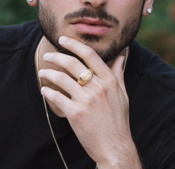 LuvMyJewelry Yellow Lace Agate Stone Signet Ring In 14K Yellow Gold Plated Sterling Silver