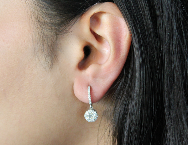 LuvMyJewelry Zinnia Pave Round Diamond Drop Huggie Hoop Earrings In 14K White Gold