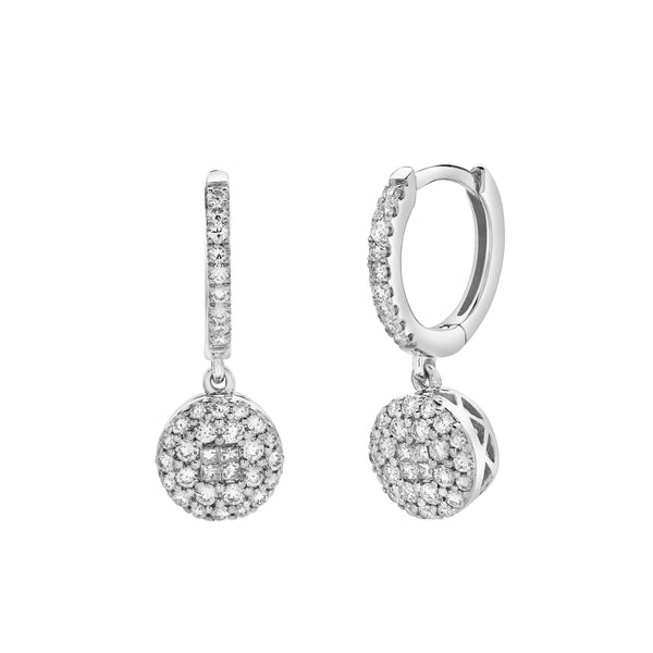 LuvMyJewelry Zinnia Pave Round Diamond Drop Huggie Hoop Earrings in 14K White Gold