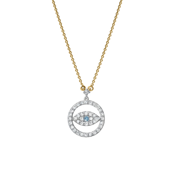 LuvMyJewelry Ziva Round Diamond Evil Eye & Blue Topaz Necklace in 14K Yellow Gold