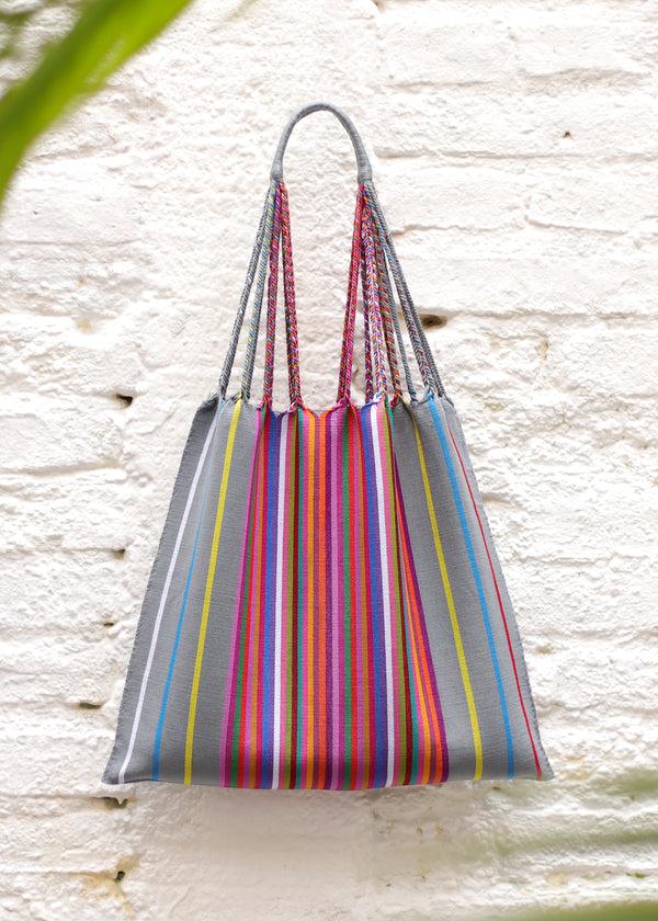 luz Hand Woven - Las Rayas Tote - Grey with Rainbow Stripe