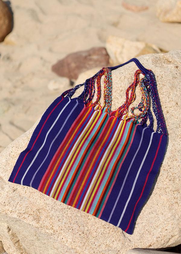 luz Las Rayas Tote - Cobalt with Rainbow Stripe