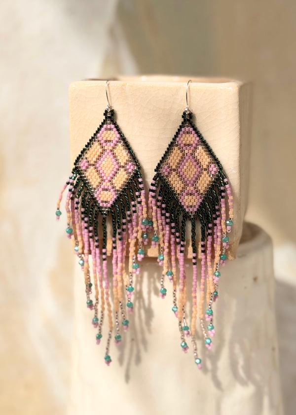 luz Native American - Beaded Feather Earrings Japanese Glass Seed Beads - Rose Gold