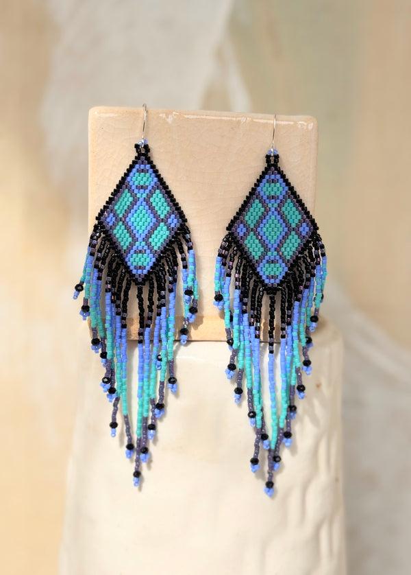 luz Native American - Beaded Feather Earrings Japanese Glass Seed Beads - Sky