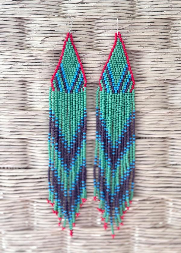 Luz Native American - Long Beaded Feather Earrings - 2 Color Ways