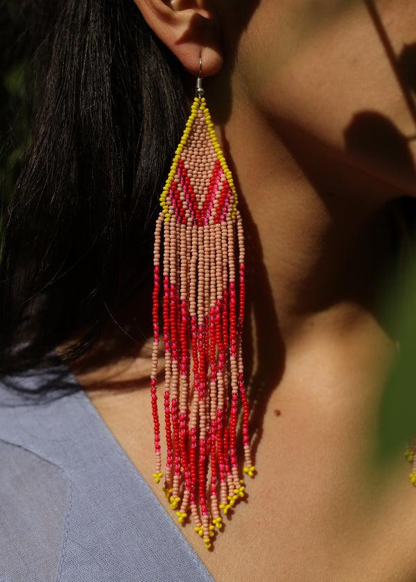 luz Native American - Long Beaded Feather Earrings - 2 Color Ways