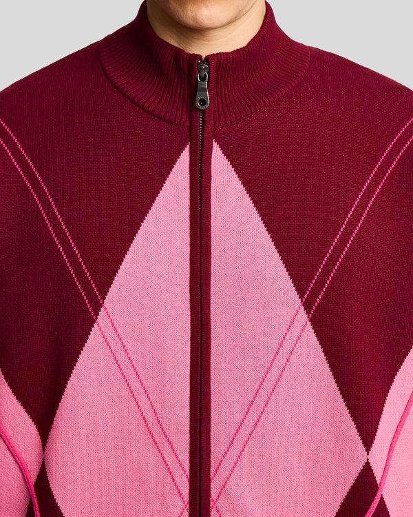 Lyle & Scott Argyle Knitted Track Jacket Bold Burgundy