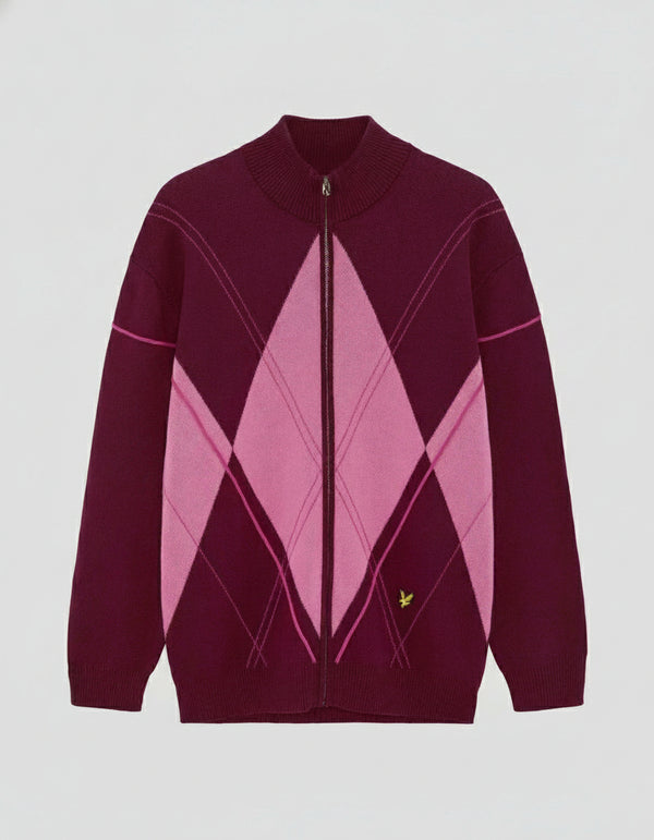 Lyle & Scott Argyle Knitted Track Jacket Bold Burgundy