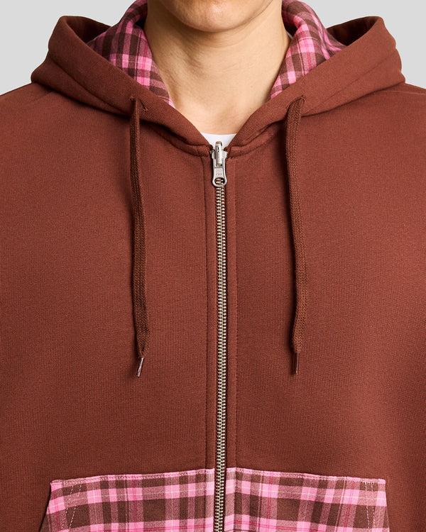 Lyle & Scott Contrast Check Zip Hoodie Ganache Brown/ Phlox Pink