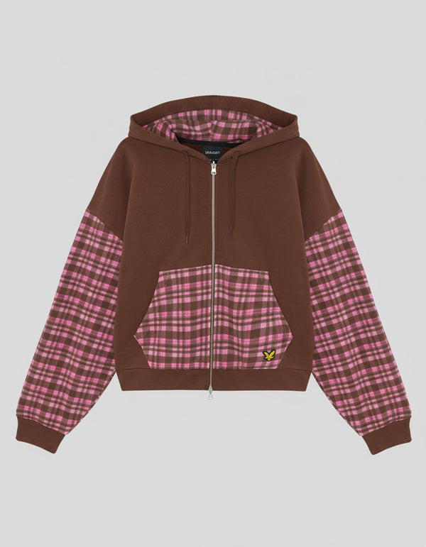 Lyle & Scott Contrast Check Zip Hoodie Ganache Brown/ Phlox Pink