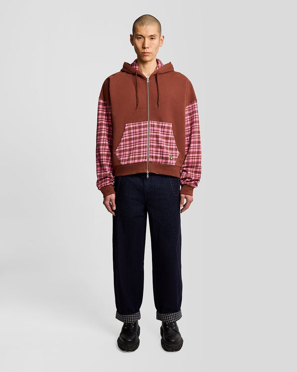 lyle & scott Contrast Check Zip Hoodie Ganache Brown/ Phlox Pink