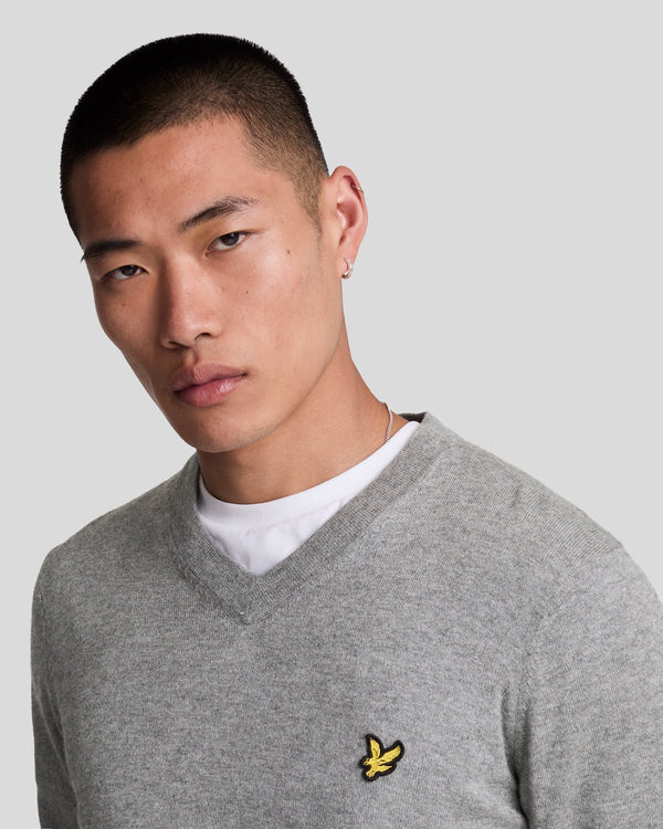 Lyle & Scott Cotton Merino V Neck Jumper Mid Grey Marl