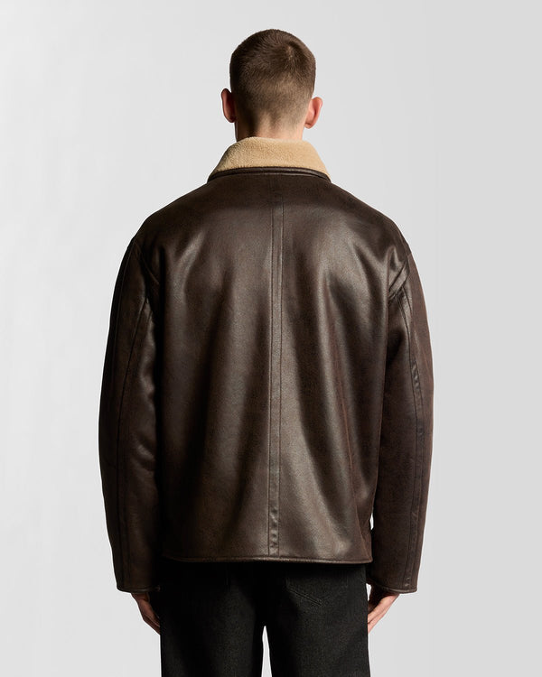 Lyle & Scott Faux Shearling Leather Jacket Whiskey Brown