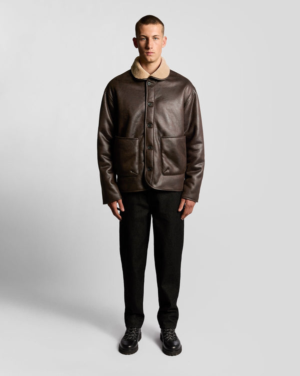 lyle & scott Faux Shearling Leather Jacket Whiskey Brown
