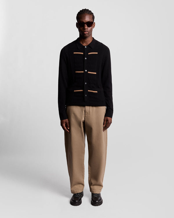 Lyle & Scott Striped Ottoman Collared Cardigan Jet Black/ Tigers Eye